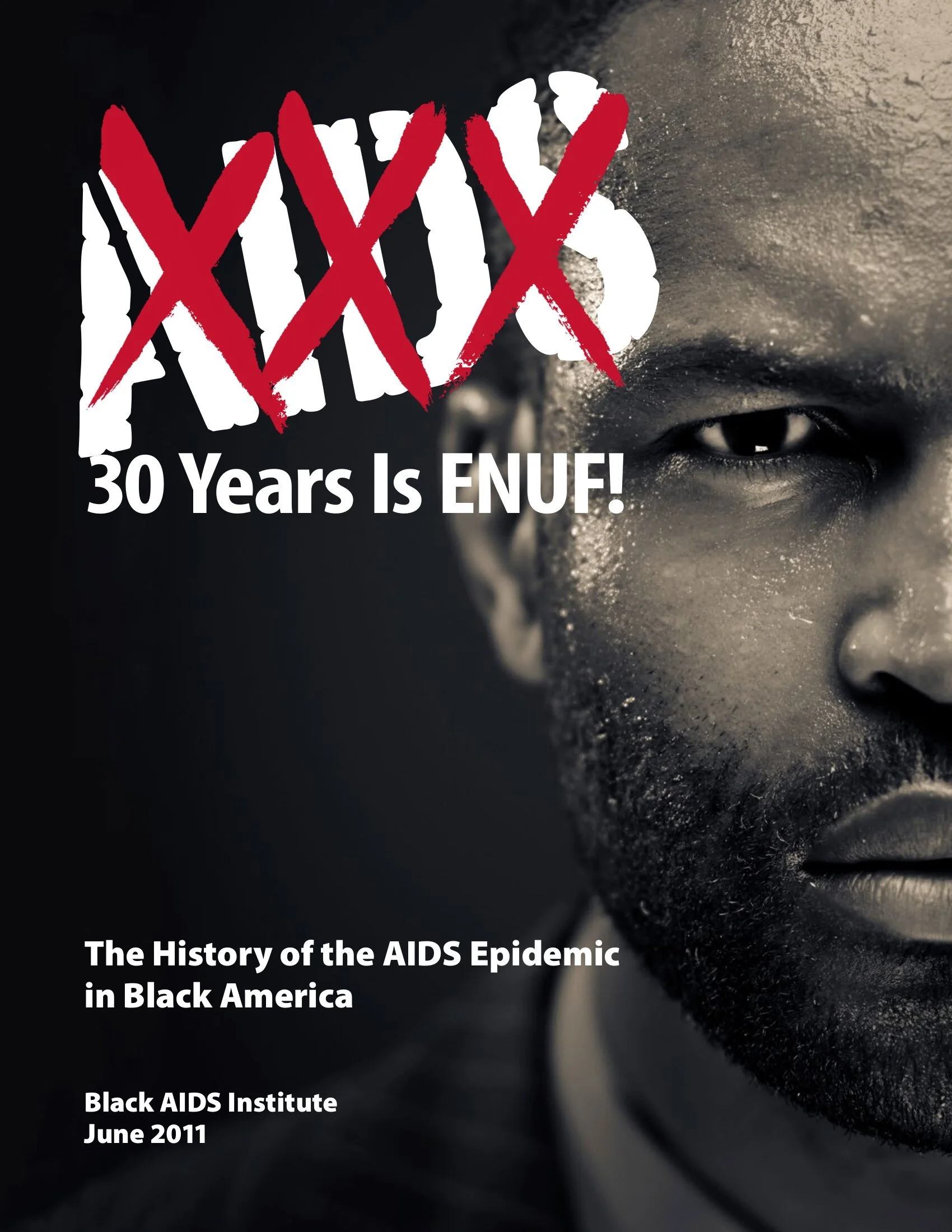 Half a face of a black man in greyscale with title card at the top