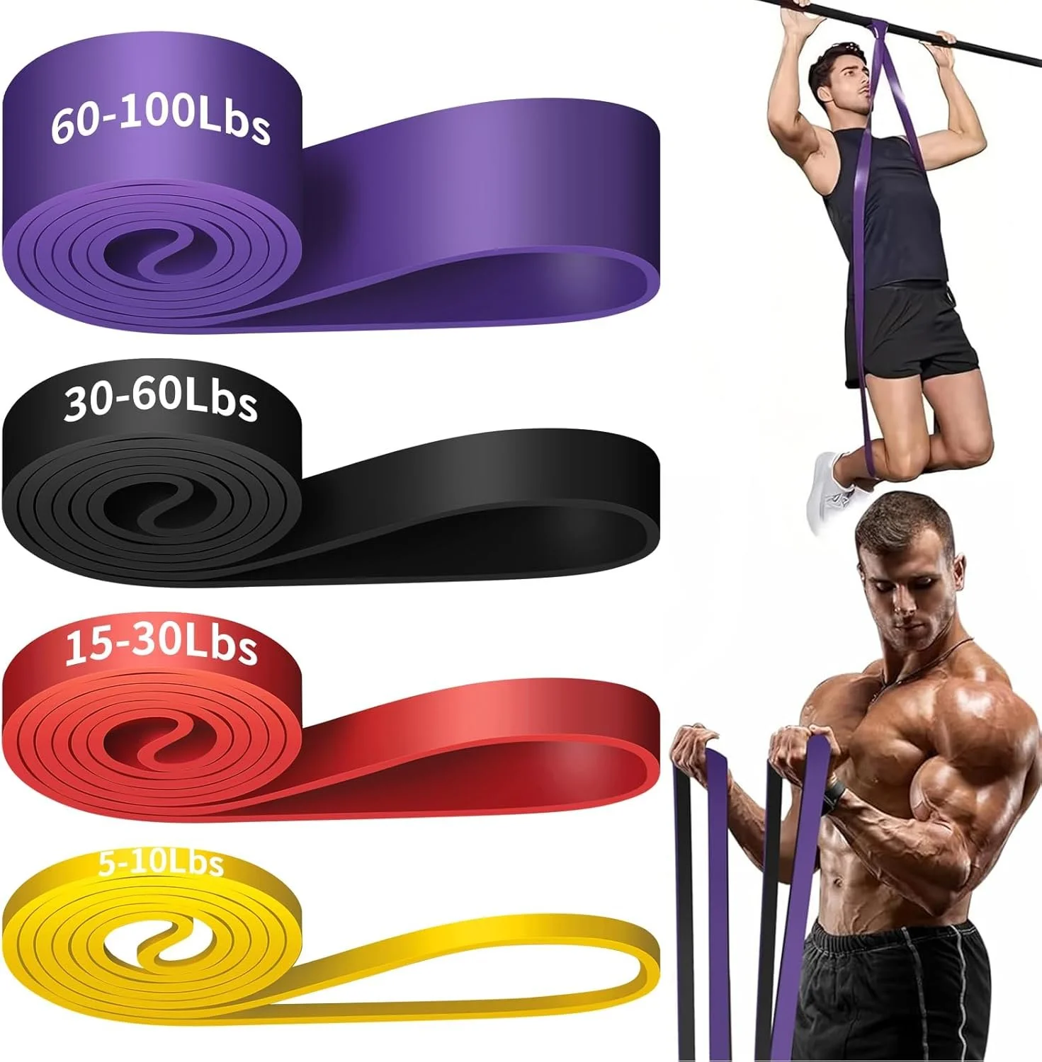 Color-coded resistance bands with weight ranges, alongside two muscular men demonstrating their use for exercise. The bands are purple (60-100 lbs), black (30-60 lbs), red (15-30 lbs), and yellow (5-10 lbs). One man is performing a pull-up, and the other is flexing his biceps while holding the bands.