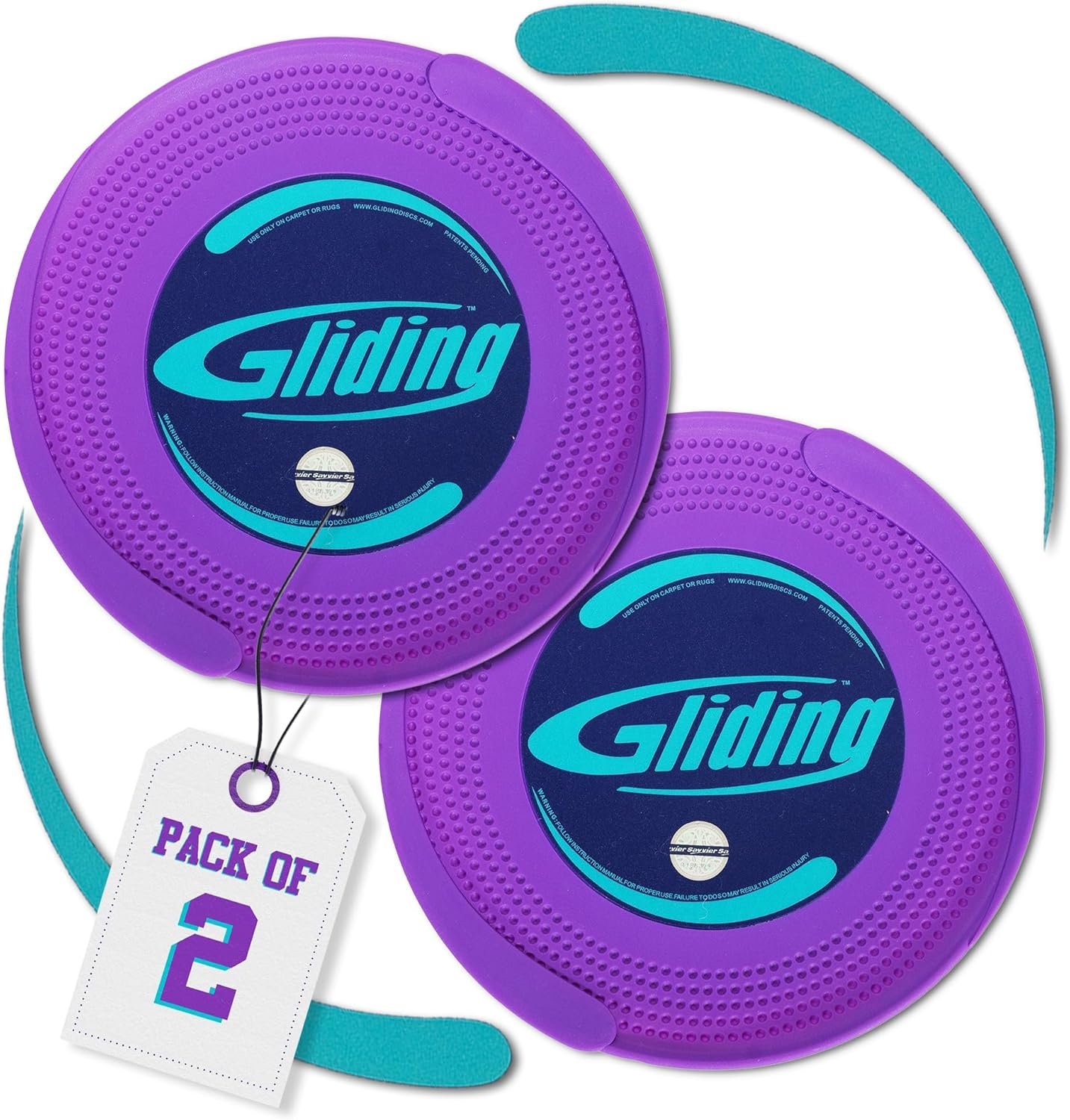 Two purple Gliding discs with teal handles, labeled as a pack of 2, placed on a white background.