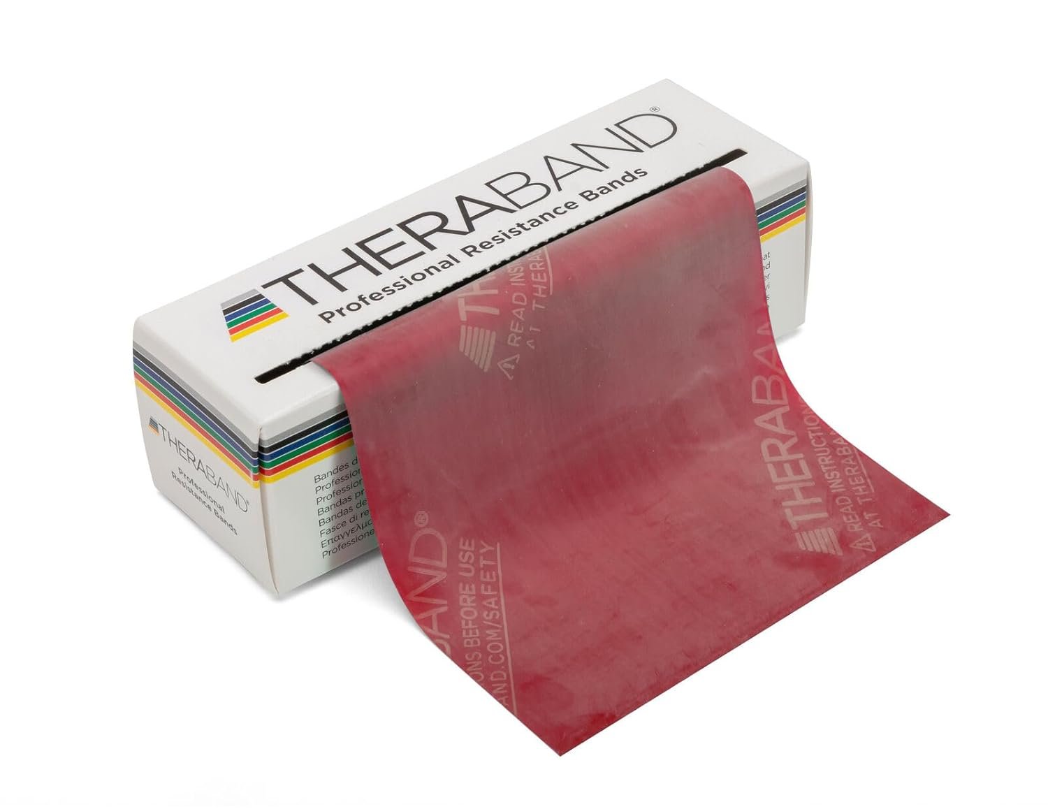 A box of Theraband professional resistance bands with a red resistance band partially pulled out.