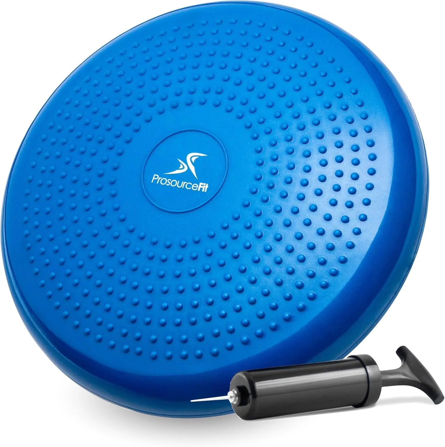 Blue balance disc with the logo 'ProsourceFit' in the center, accompanied by a small black pump with a needle for inflation.
