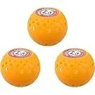 Three orange golf balls with numbered markings on top placed on a plain background.