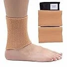 A medical foot brace with a beige sock covering the foot and a bandage or padding attached to the ankle.