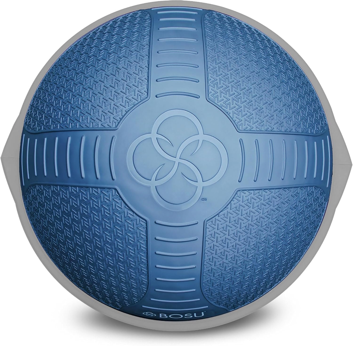 Blue BOSU ball with textured surface and logo in the center, used for exercise and fitness training.