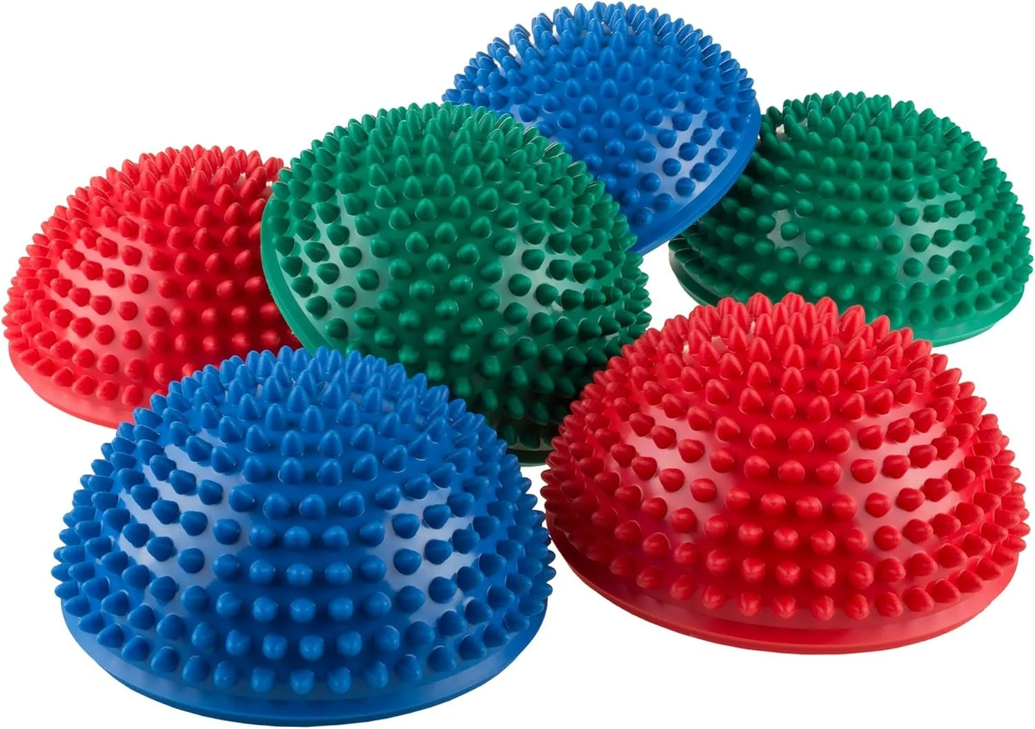 Several multicolored textured massage or therapy balls with spiky surfaces in red, green, and blue.
