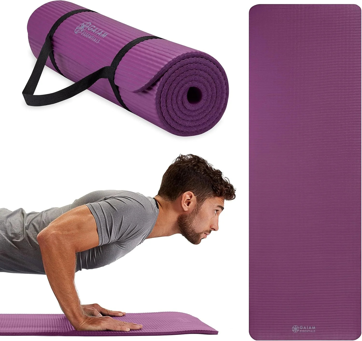 A purple yoga mat rolled up next to a man performing a push-up on a purple yoga mat.