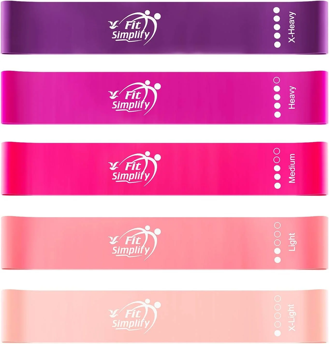 Five Fit Simplify resistance bands in various shades of pink and purple, labeled with strength levels: X-Heavy, Heavy, Medium, Light, and X-Light.