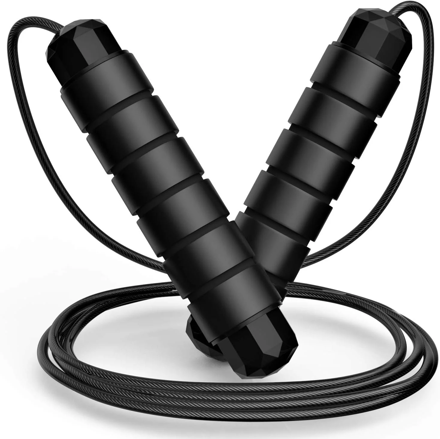 Black jump rope with foam handles and braided rope for exercise or fitness use.