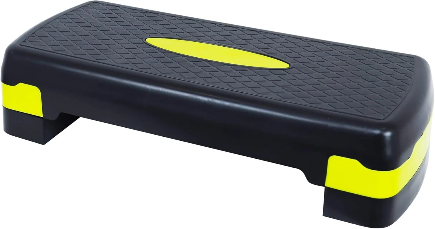 Black and yellow aerobic step platform with a textured surface and rounded corners.