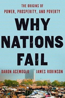 Book cover of "Why Nations Fail" by Daron Acemoglu and James Robinson, featuring the subtitle "The Origins of Power, Prosperity, and Poverty" and an image of an urban landscape.