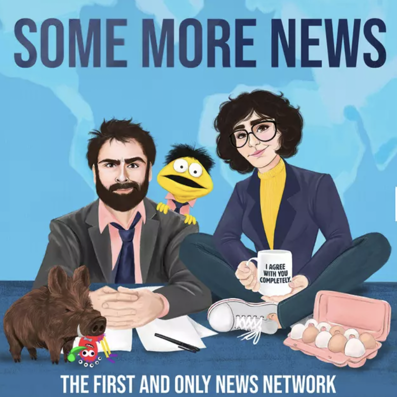 image depicts 2 podcast hosts as cartoon characters in suits at their desk. copy overlay reads: some more news.