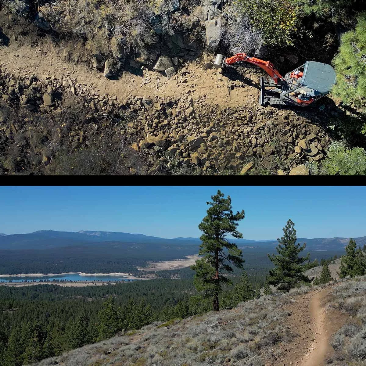 tractor building trail with expansive view to lake below