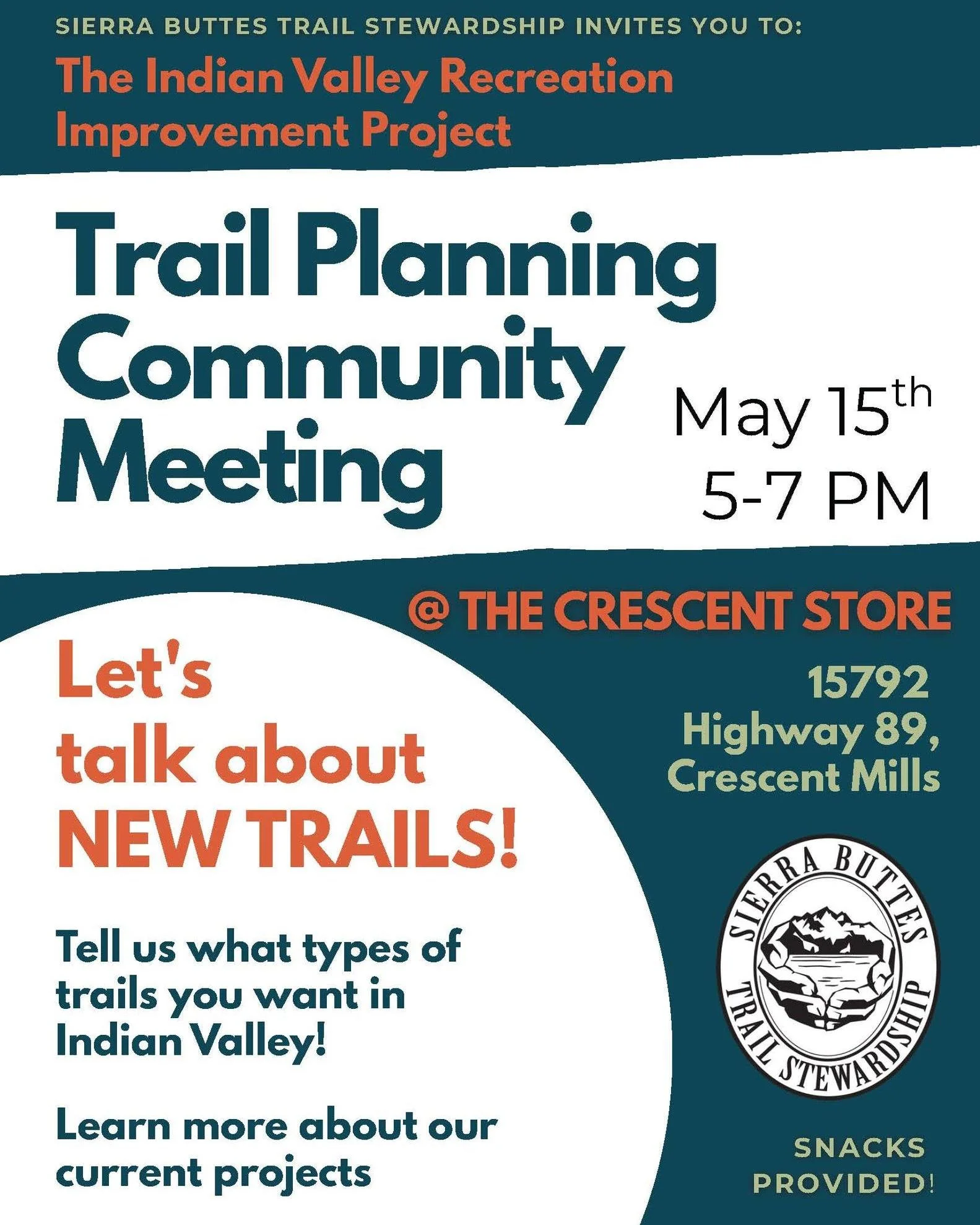 LOCALS! Please join us on Monday, May 15th at the historic @thecrescentstorecrescentmills to talk about current projects slated in the Indian Valley up to Round Valley and weigh in on what sorts of trails you'd like to see. Light refreshments will be