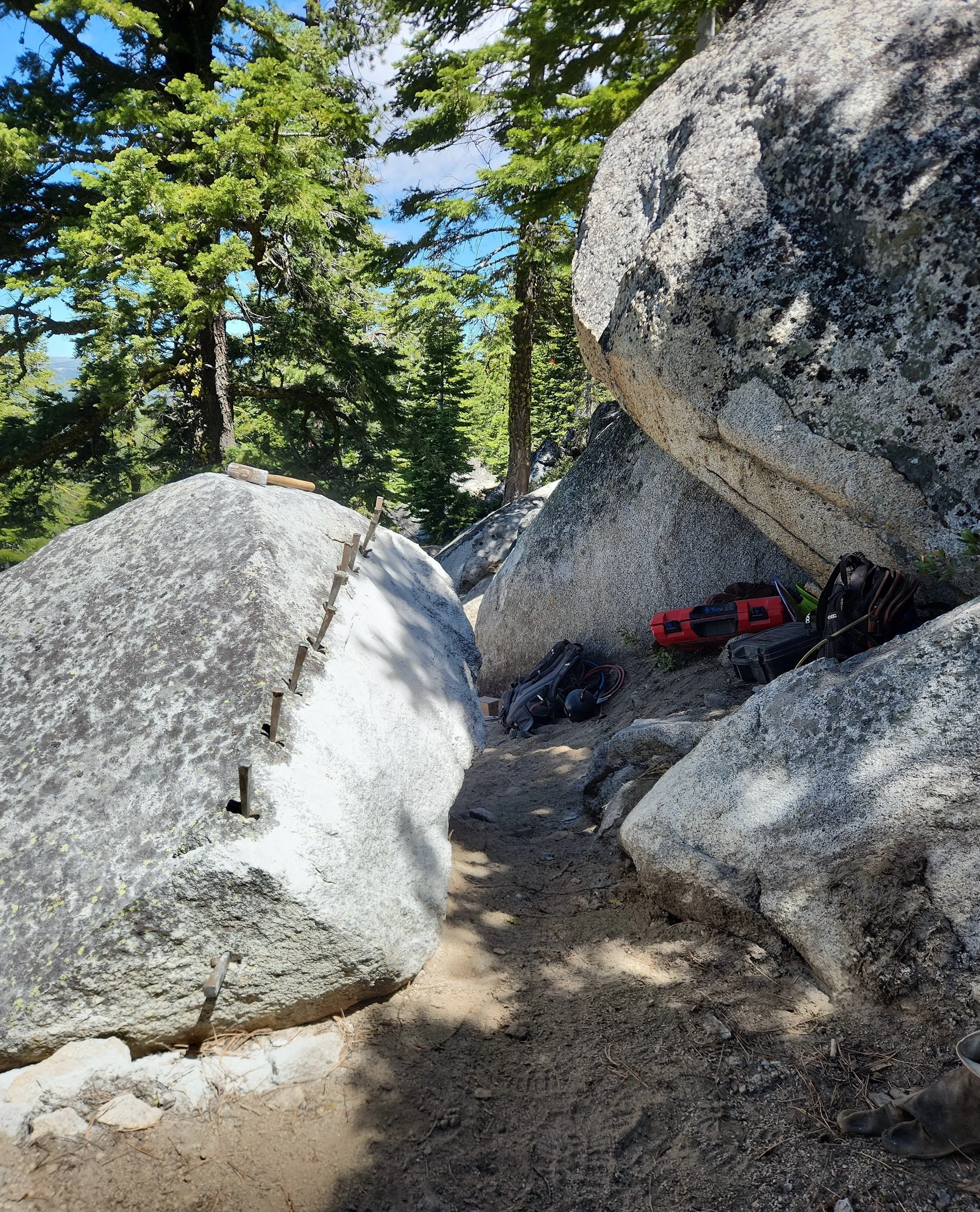Rock work progression in three slides, on the Verdi Ridge trail this week near Boca Reservoir. The SBTS trail crew is picking up where they left off last fall to complete the 10-mile trail as part of the East Zone Connectivity Project, a 51-mile netw