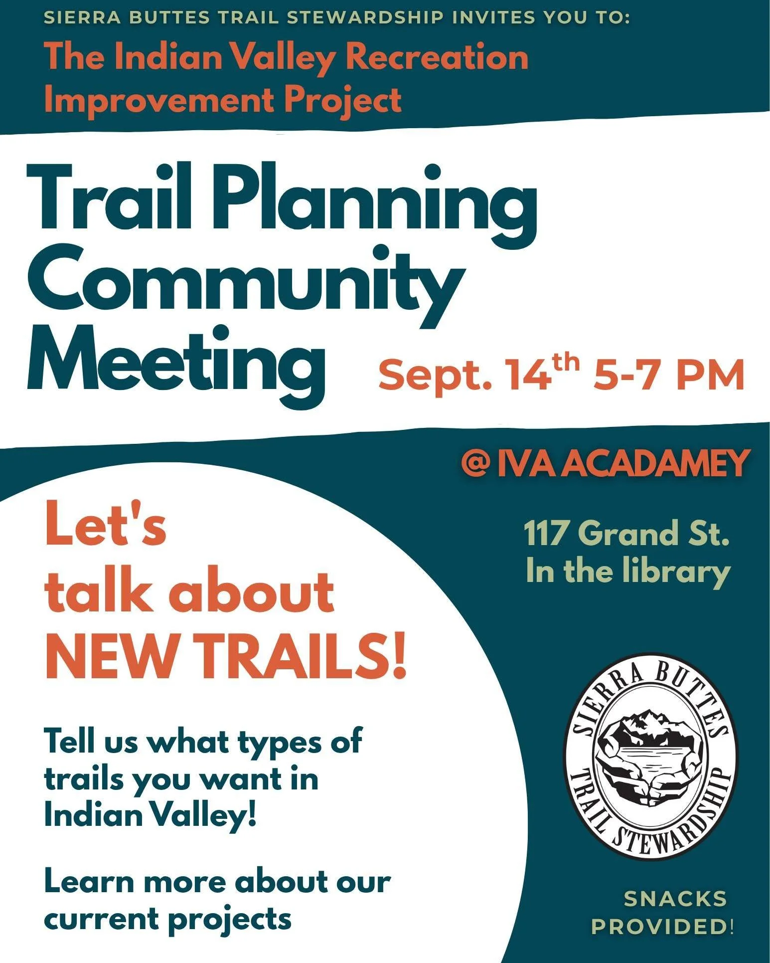 Please join us on September 14 in Greenville for a community trail planning meeting on the Indian Valley Recreation Improvement Project. Specifically we are interested in feedback on two proposed trails leading up to Round Valley reservoir, as well a