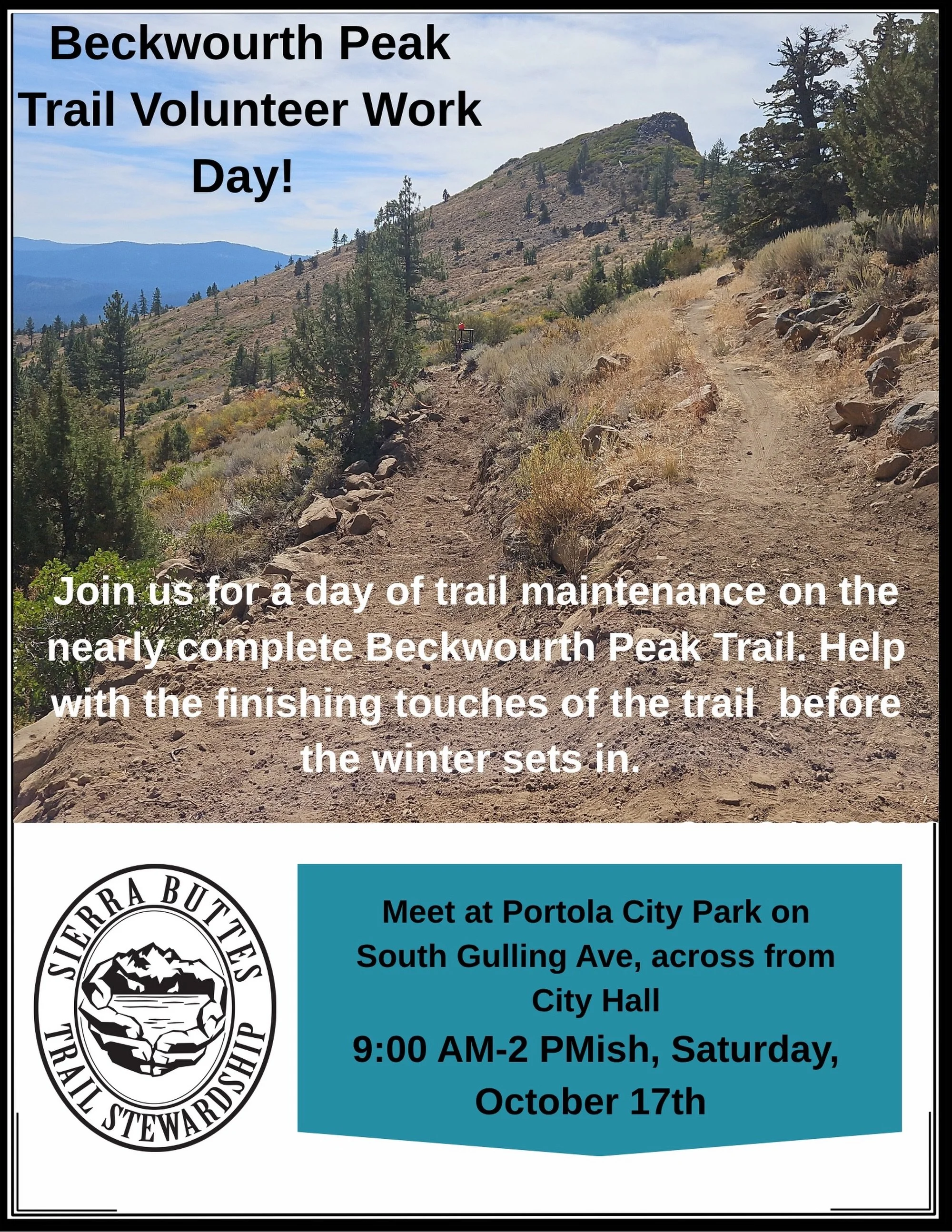 Come help us put the finishing touches on the Beckwourth Peak trail! The newly completed 14-mile lollipop trail is punched through &amp; the SBTS trail crew has completed the equestrian go-around at the arch, but we still have some final work to do b