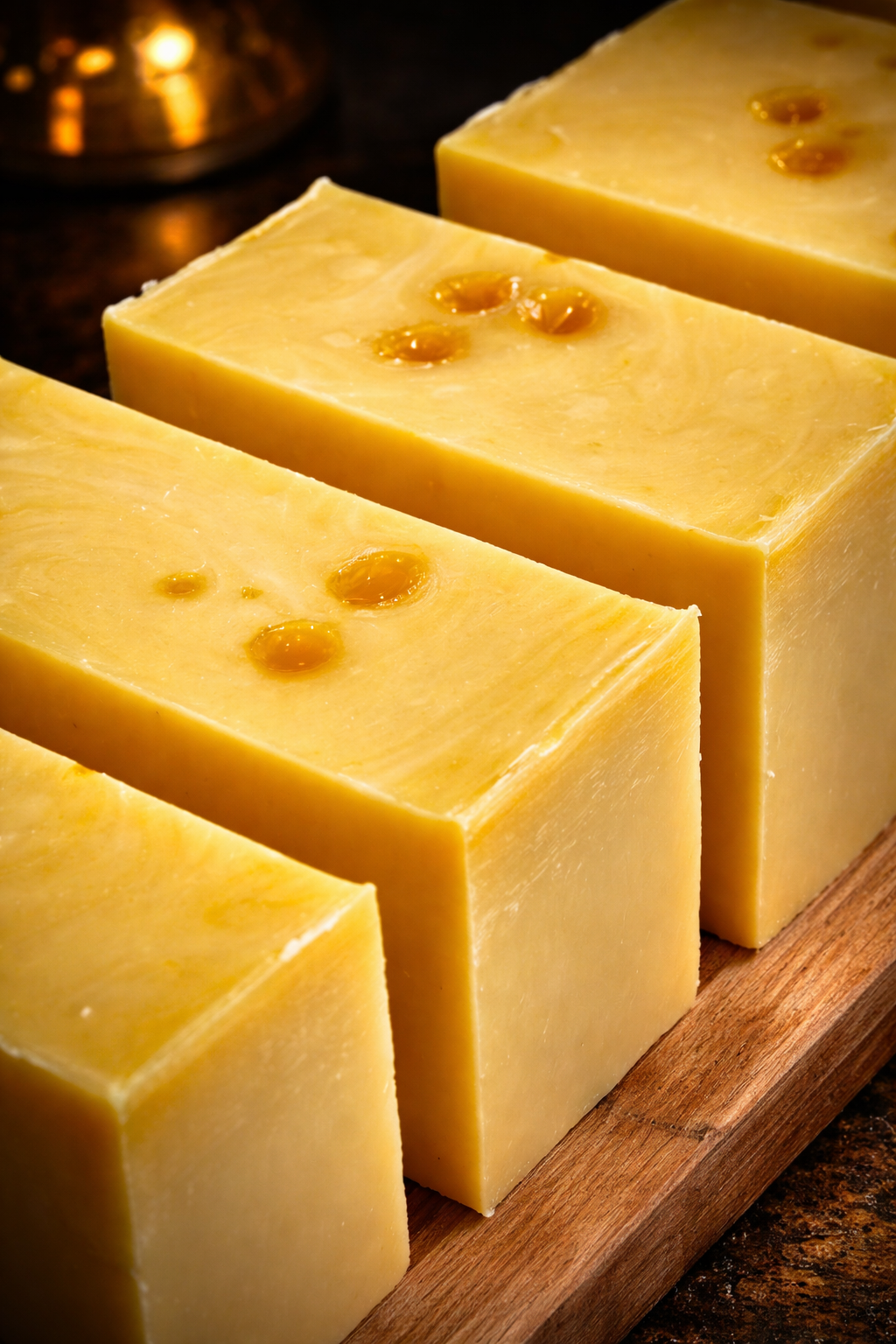 Golden soap bars on wooden board.png