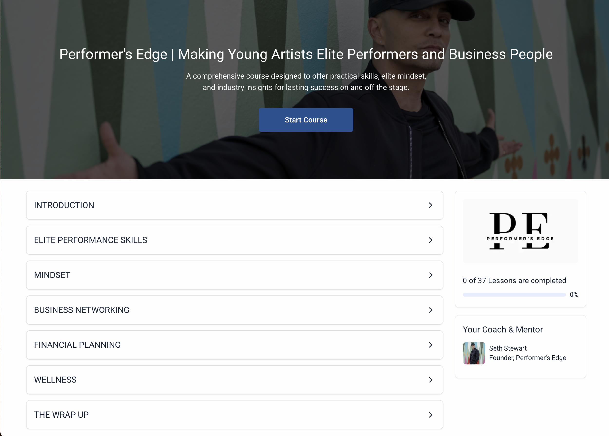 Online course Performer's Edge and course modules including, Elite Performance Skills, Mindset, Business Networking, Financial Planning, and Wellness.