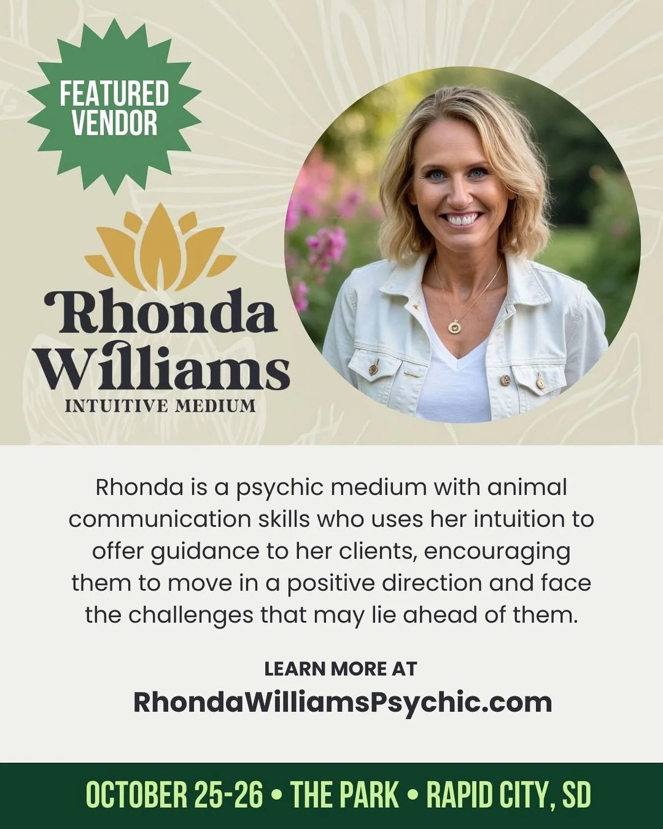 🔮 Vendor Spotlight:&nbsp;@rhondawilliamsintuitivemedium&nbsp;🐾
  Rhonda is a gifted psychic medium and animal communicator who uses her powerful intuition to guide clients toward clarity, healing, and positive forward movement. Whether you&rsquo;re