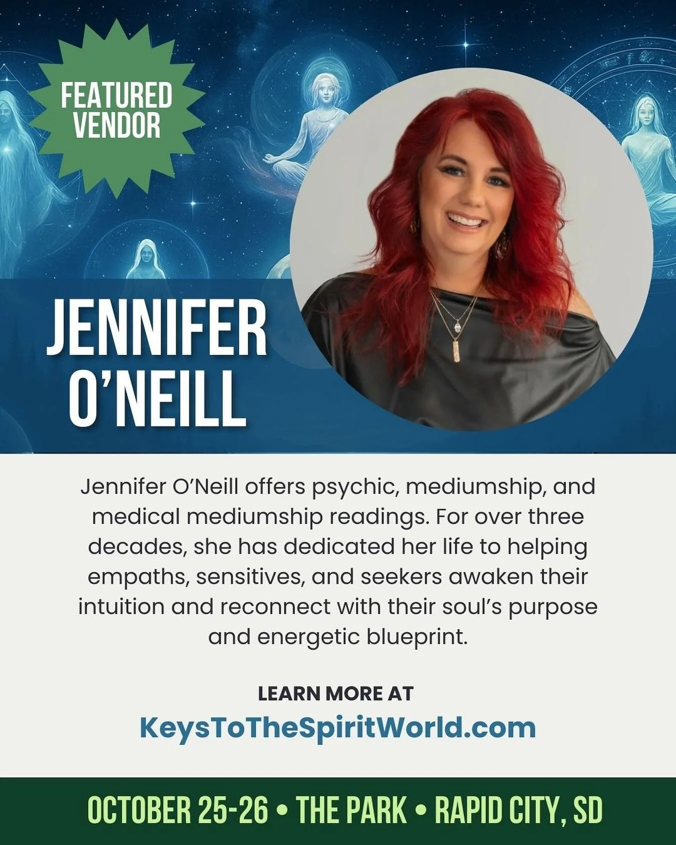 ✨Vendor Spotlight✨
 For over 30 years,&nbsp;@jenniferoneillhealer&nbsp;has been a guiding light for empaths, sensitives, and soul seekers. Through psychic insight, mediumship, and medical intuitive readings, she helps you awaken your inner knowing an