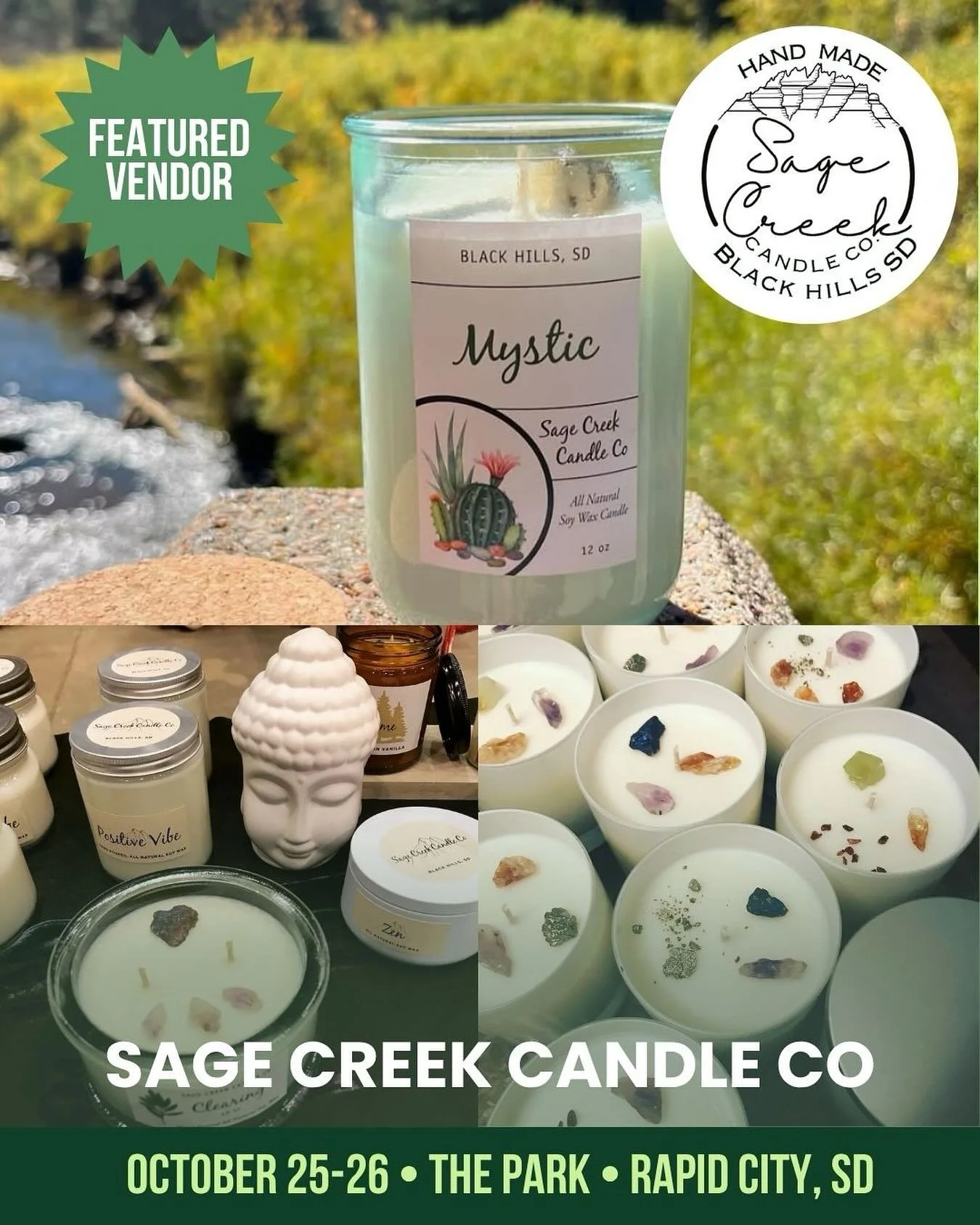 🕯️ Vendor Spotlight: Sage Creek Candle Co. 🕯️

Handcrafted in small batches, Sage Creek Candle Co. creates all-natural soy wax candles infused with pure essential oils and clean scents to elevate your space with refreshing, natural aromas. 🌿✨ Each