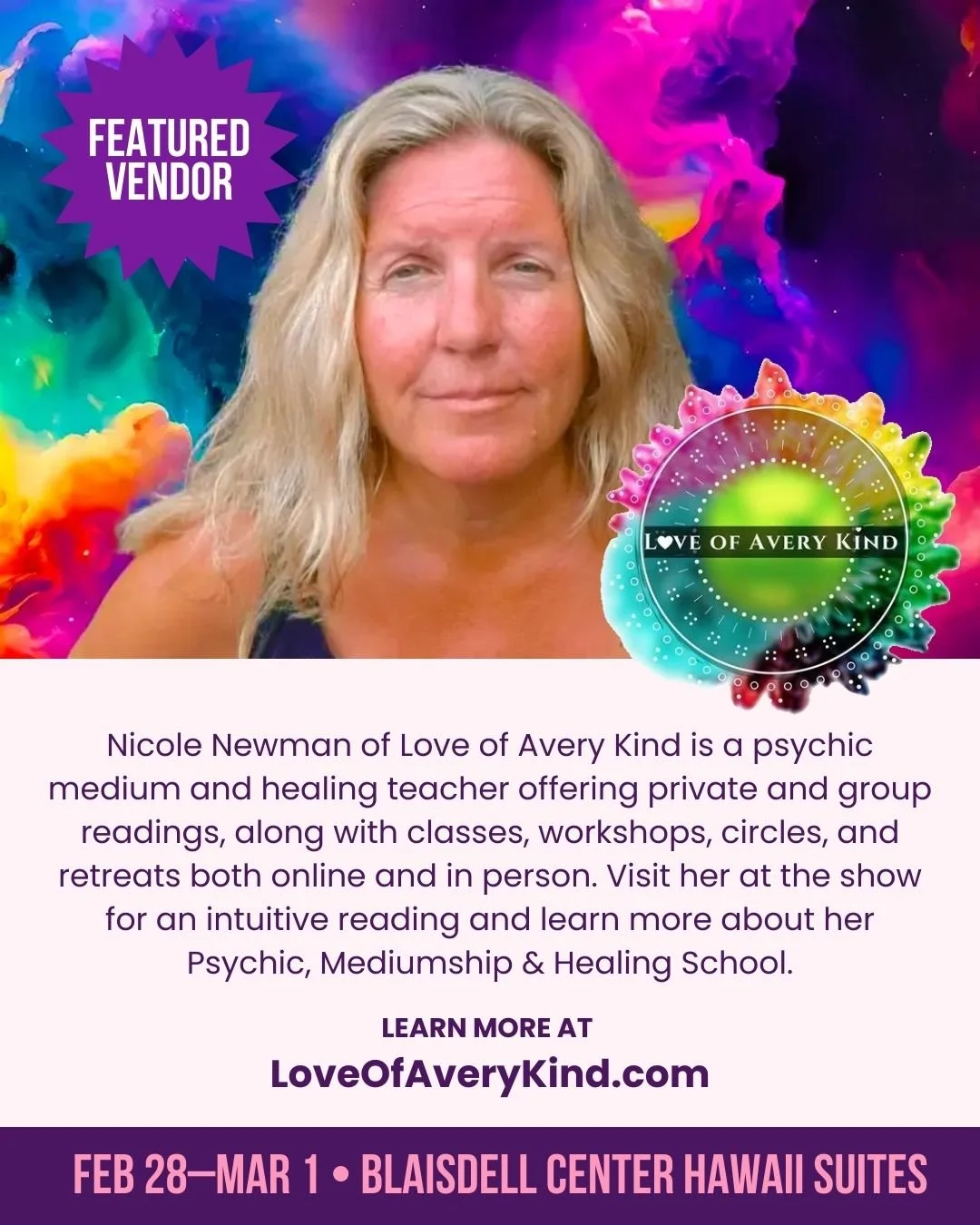 ✨ Vendor Spotlight: Love of Avery Kind ✨
Nicole Newman of Love of Avery Kind is a psychic medium and healing teacher offering private and group readings, along with classes, workshops, circles, and retreats both online and in person. Visit her at the