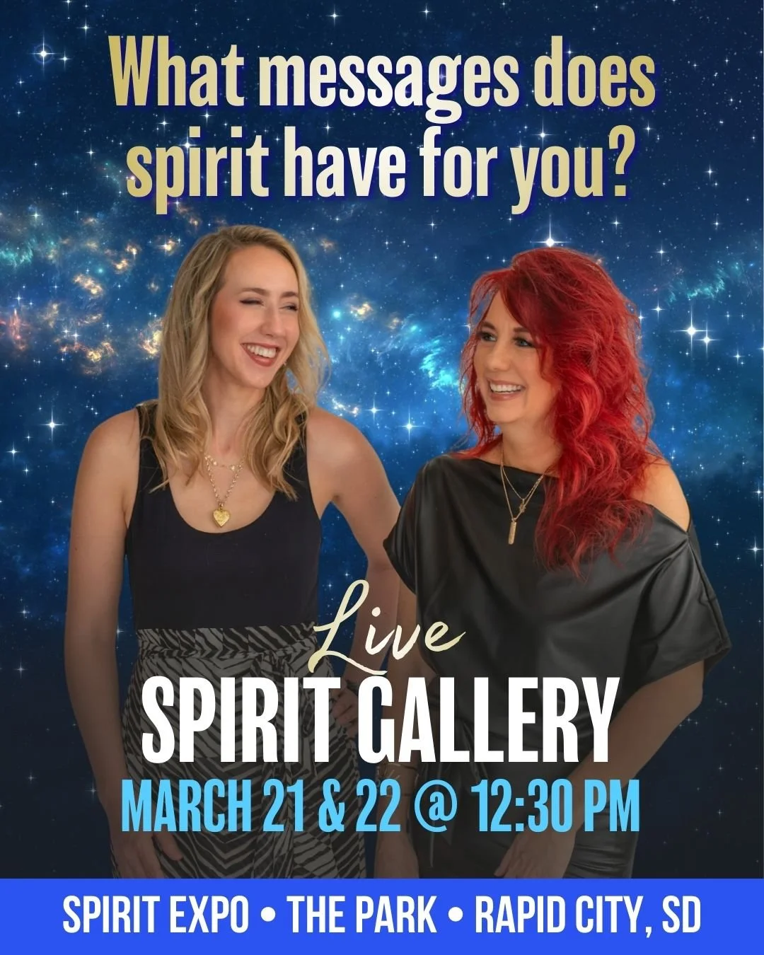 🔮 Messages from Beyond 🔮
 LIVE Spirit Gallery Readings at the Rapid City Expo!
🗓 Saturday, March 21 @ 12:30 PM
🗓 Sunday, March 22 @ 12:30 PM
✨ Join Psychic | Medical Medium Jennifer O&rsquo;Neill and Tarot Reader Michelle Schneider for a powerful