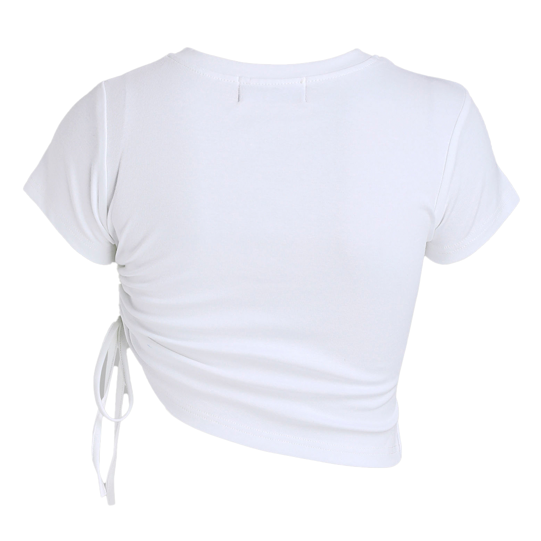 Back view of Cider white short-sleeve crop top with gathered side detail, size small