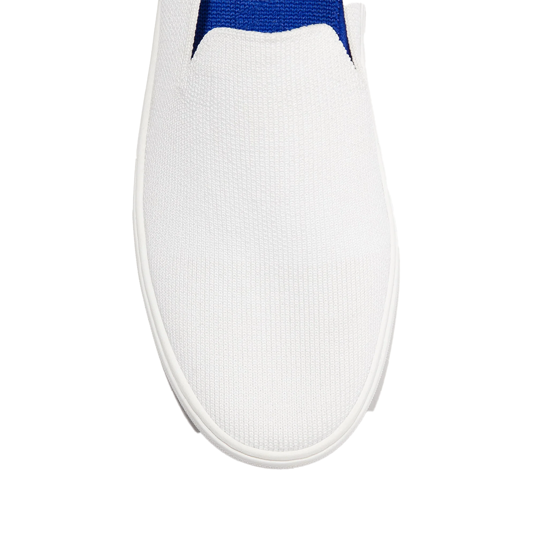 Top view of Rothy’s Original Slip-On sneakers in taupe and white colorways, size 8.5