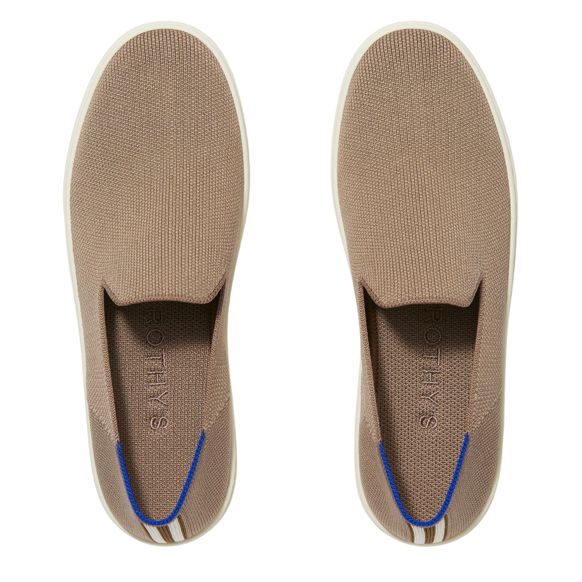 Side view of taupe Rothy’s slip-on sneakers with white sole, size 8.5