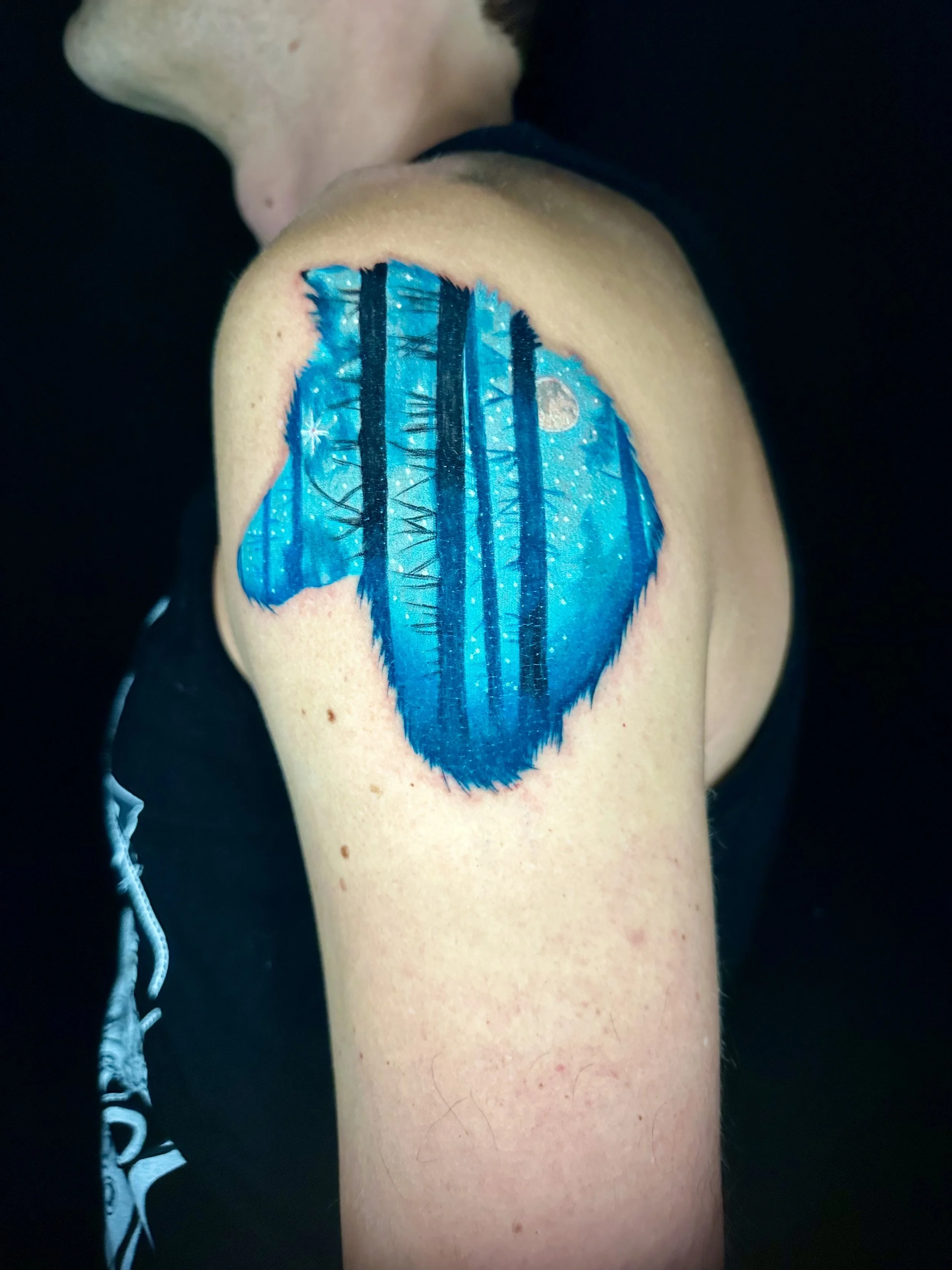 Tattoo of a night sky scene with full moon, stars, trees, and a bridge on a person's shoulder.