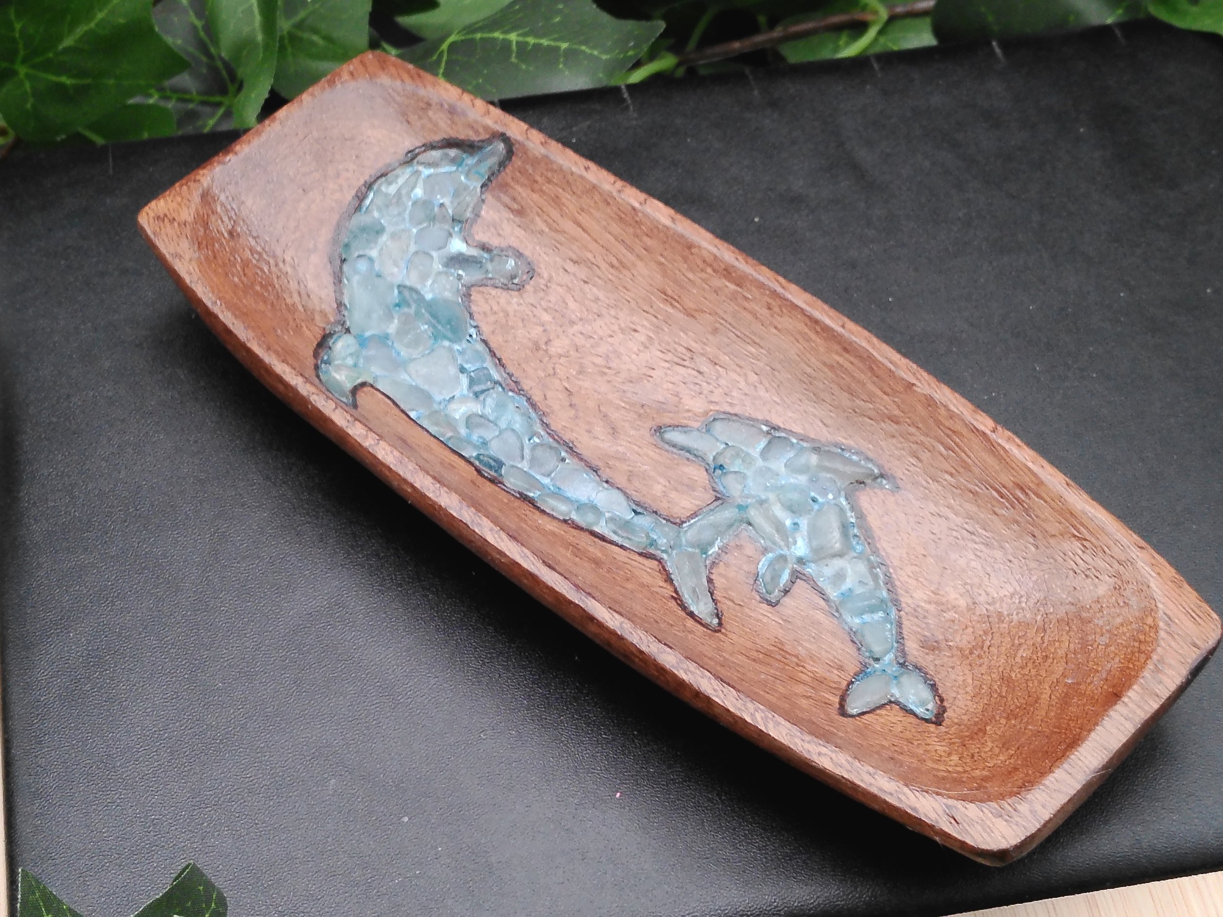 Dolphin Trinket tray inlaid with Aquamarine blue crystals.