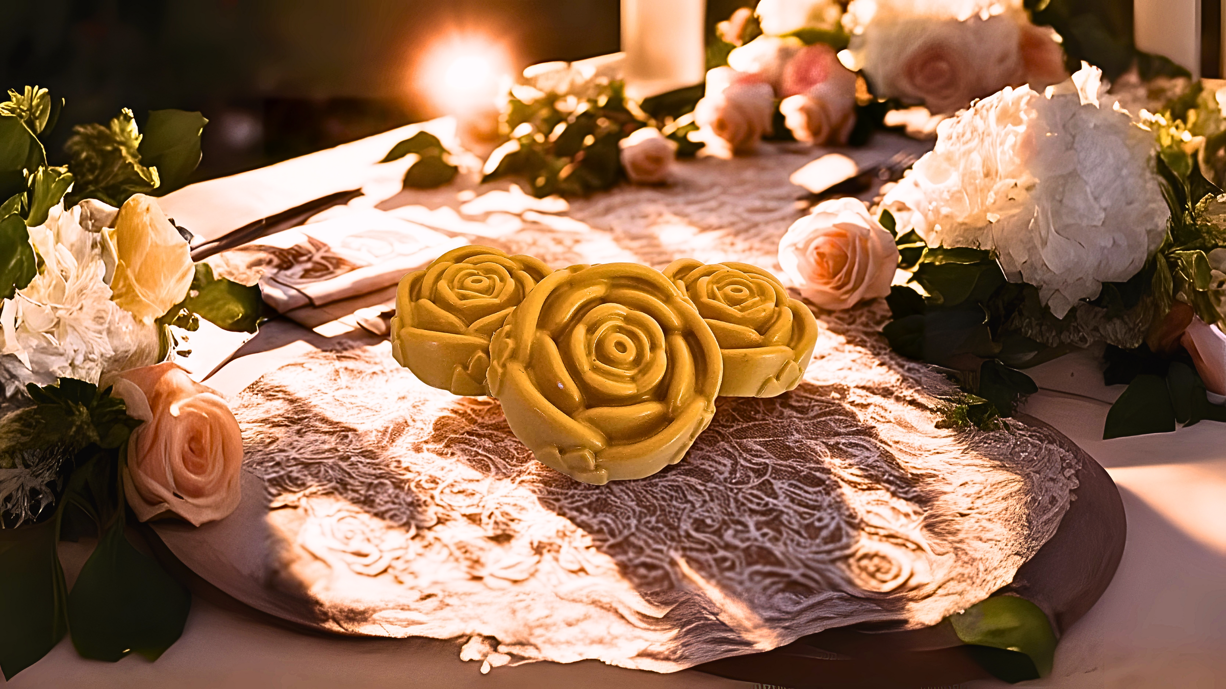 Soap bars shaped like roses on a decorative surface with floral arrangements around a lit candle in the background.