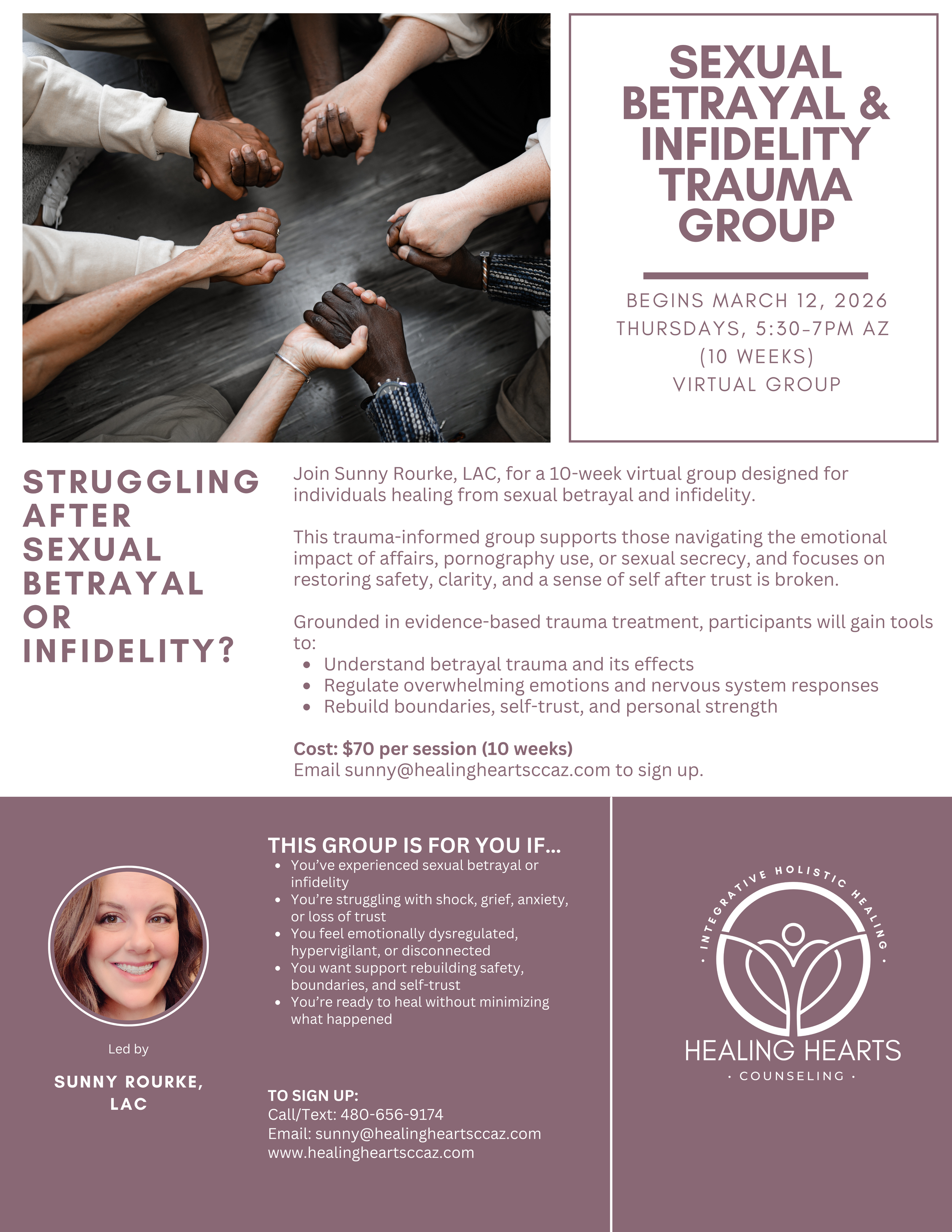 Flyer for a virtual support group on sexual betrayal and infidelity trauma, showing a photo of diverse hands joined together, with event details and information about the facilitator, Sunny Rourke, LAC.