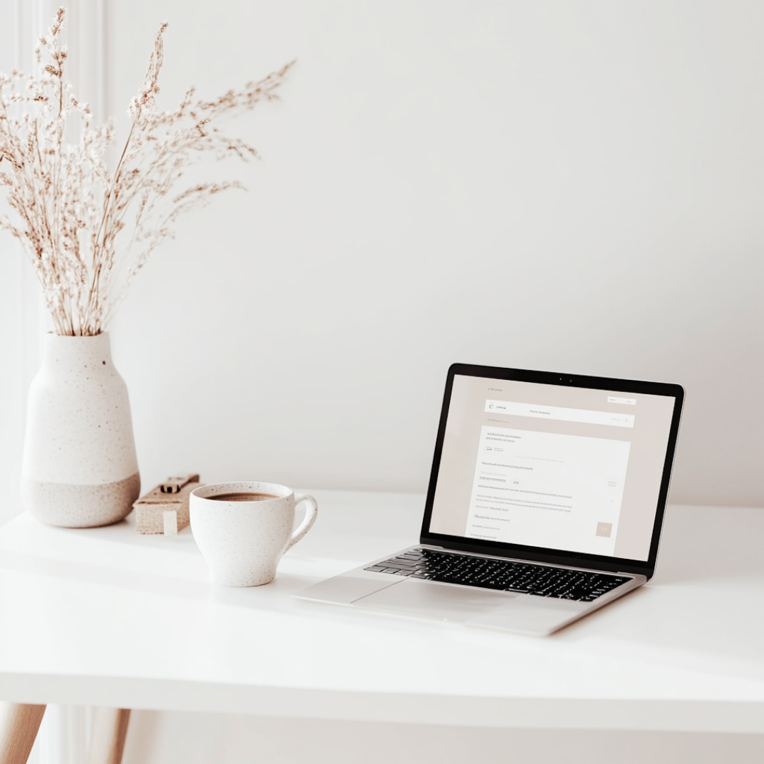 A white desk with a laptop, a cup of coffee, a white vase with dried plants, and a small wooden box.