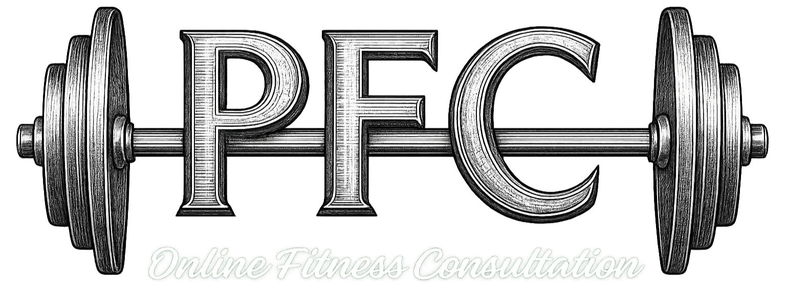 Logo with the letters 'PFC' integrated into a barbell, with the phrase 'Online Fitness Consultation' underneath.