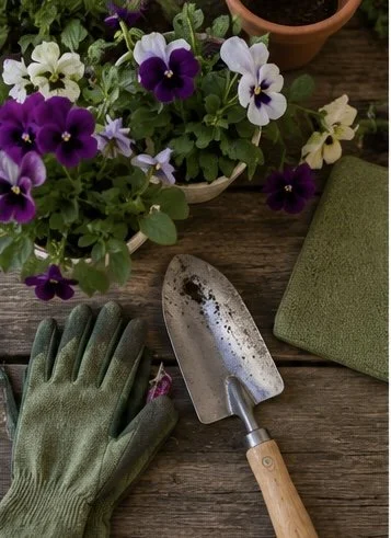 Gardening tools and flowers ready for spring planting.