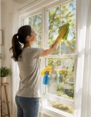 Person cleaning windows during spring cleaning activities.