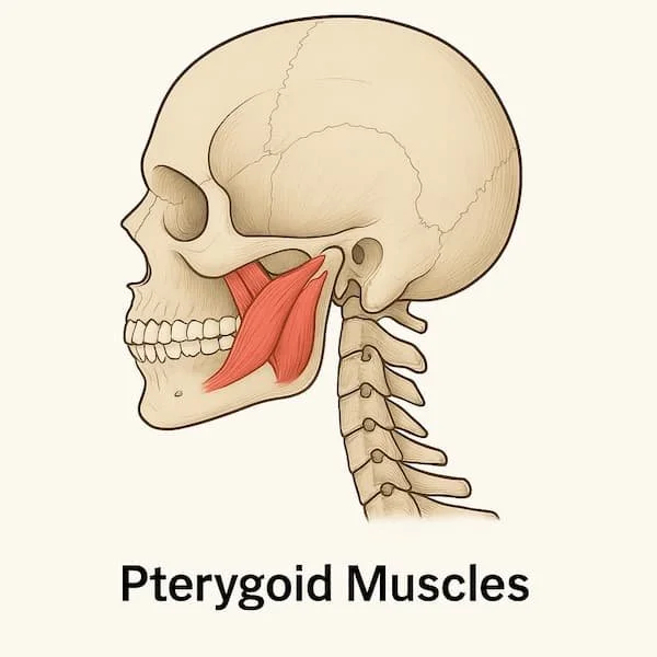 Illustration of TMJ muscles including masseter and pterygoids – used in TMJ massage therapy Calgary