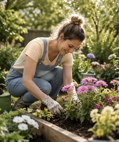 Person planting flowers in a garden bed.