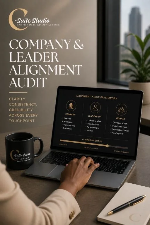 A person using a laptop to view a presentation on company and leader alignment audit. The screen displays an alignment audit framework with categories for company, leadership, and market, along with specific criteria and an alignment score. A coffee mug with the company's logo, a notebook, and a pen are on the desk, with a window and a plant in the background.