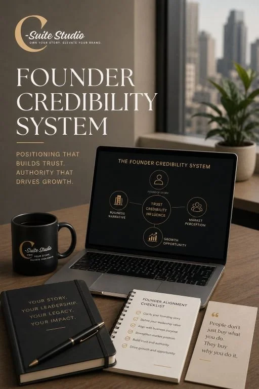 A promotional display for the Founder Credibility System, featuring a laptop on a wooden desk with a presentation slide, a black coffee mug, a notebook with a pen, a founder alignment checklist, and a quote card. The background includes a window with a city skyline and a potted plant.
