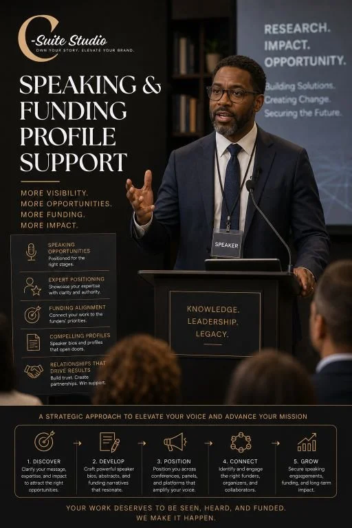 A professional man in a suit speaking at a podium during a presentation about profile support and funding for speakers and researchers.