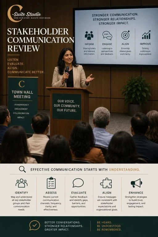 A woman speaks at a town hall meeting about stakeholder communication review, with a screen displaying key points: that stronger communication improves relationships and impact, including inform, engage, align, and improve. Audience members are listening.