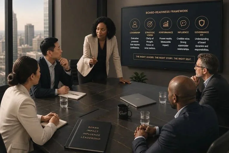 Business meeting in a conference room with five people, one woman standing and presenting a slide on a large screen about a governance framework, with four seated individuals listening, taking notes, and drinking water.