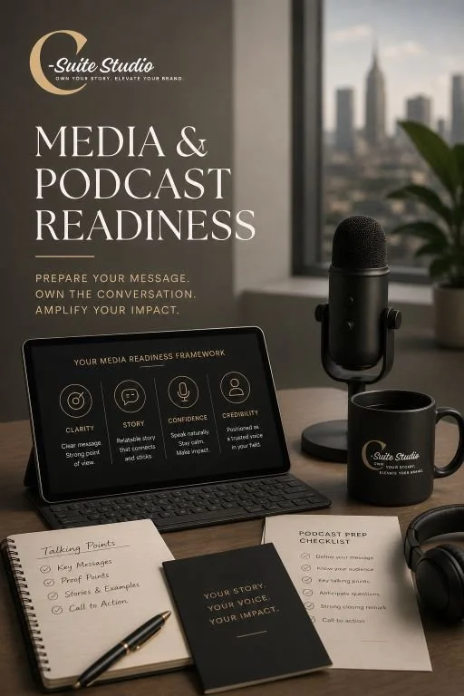 An indoor scene featuring media and podcast readiness materials. There is a tablet displaying media readiness framework, a microphone, a coffee mug, a notebook, a checklist titled 'Podcast Prep Checklist,' and a pen. The background shows a window with a cityscape view.