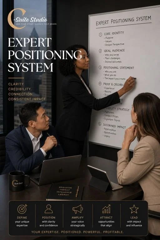A woman presenting a diagram titled 'Expert Positioning System' on a whiteboard to two seated women in a business meeting. The slide lists key points about core identity, ideal audience, positioning statement, proof and credibility, sustainability strategy, and sustained impact.