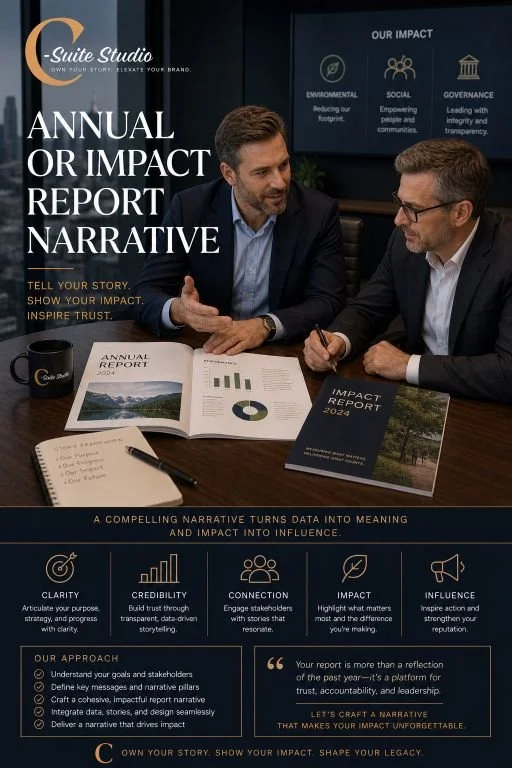 Two men in business suits sitting at a table with reports and notebooks, discussing an annual report and impact narrative for their organization.