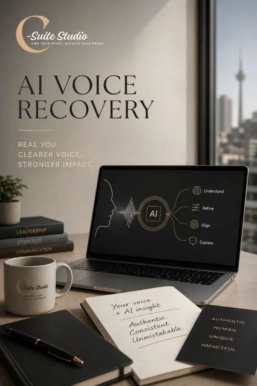 A promotional display for AI voice recovery, featuring a desk with a laptop showing AI-related graphics, a to-do note about voice and AI insights, a black notebook with a pen, a white mug, books titled Leadership, Strategy, and Communication, and a window with a cityview.