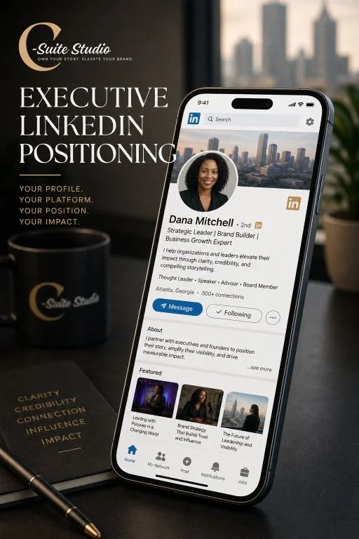 A smartphone displays a LinkedIn profile of a person on a desk with a black mug, a closed notebook, and a pen, against a window with cityscape in the background.